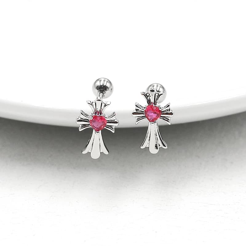 シルバーアクセサリー 十字架ハート留め石ピアス